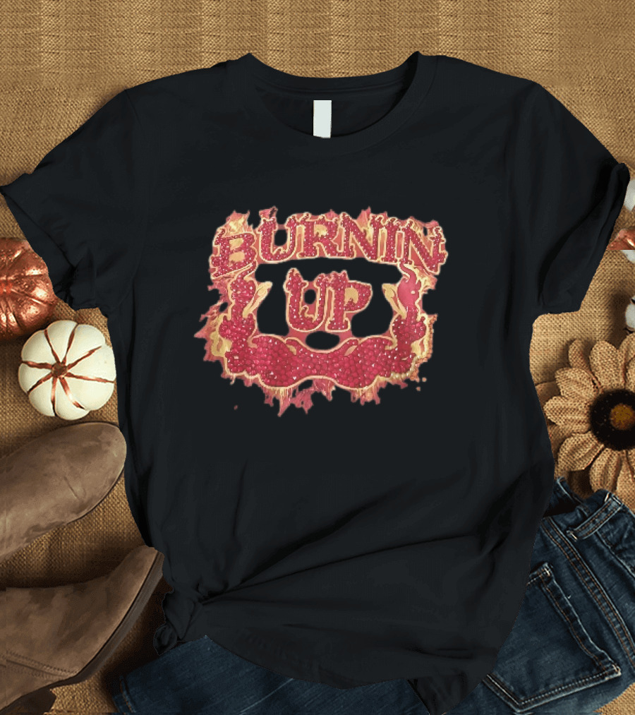 Burnin Up Red Rhinestone Gemstone Lettering Flaming Crest Frame Fiery T-Shirt