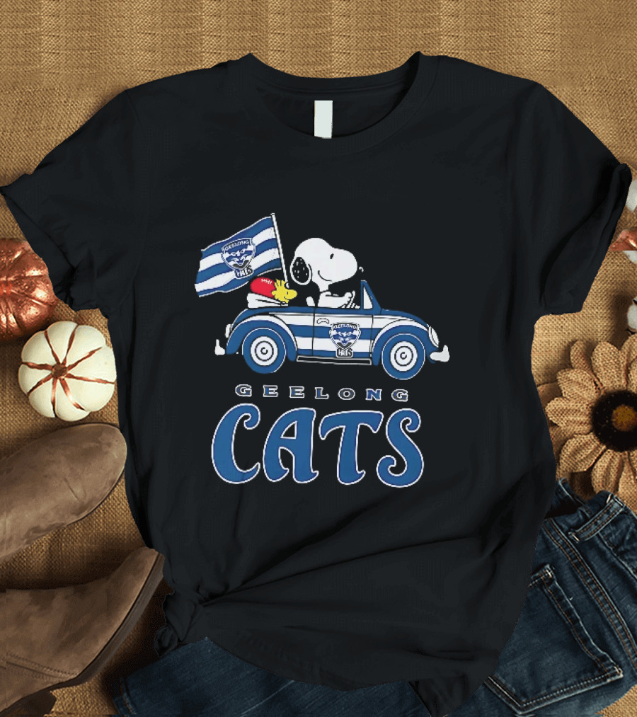 Geelong Cats Snoopy Woodstock Driving With Flag T-Shirt