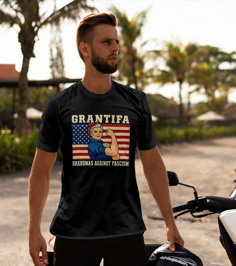 Grantifa Grandmas Against Fascism Rosie Riveter USA Flag T-Shirt