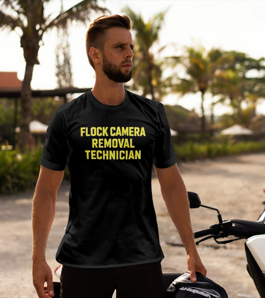 Flock Camera Removal Technician Yellow Varsity Block T-Shirt