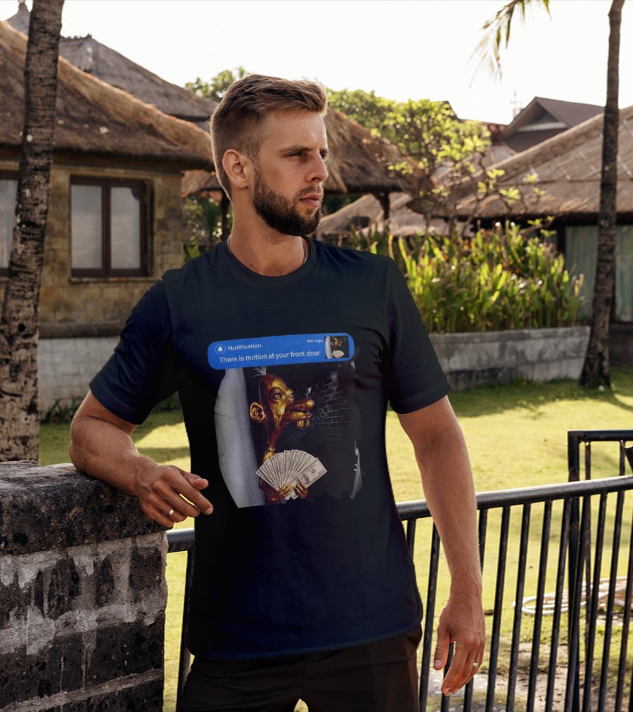 Notification There Is Motion At Your Front Door Golden Figurine With Cash In Hand Dark T-Shirt