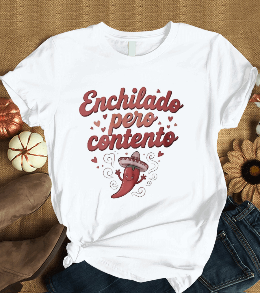 Enchilado Pero Contento Sombrero Chili Pepper Cartoon Hearts T-Shirt