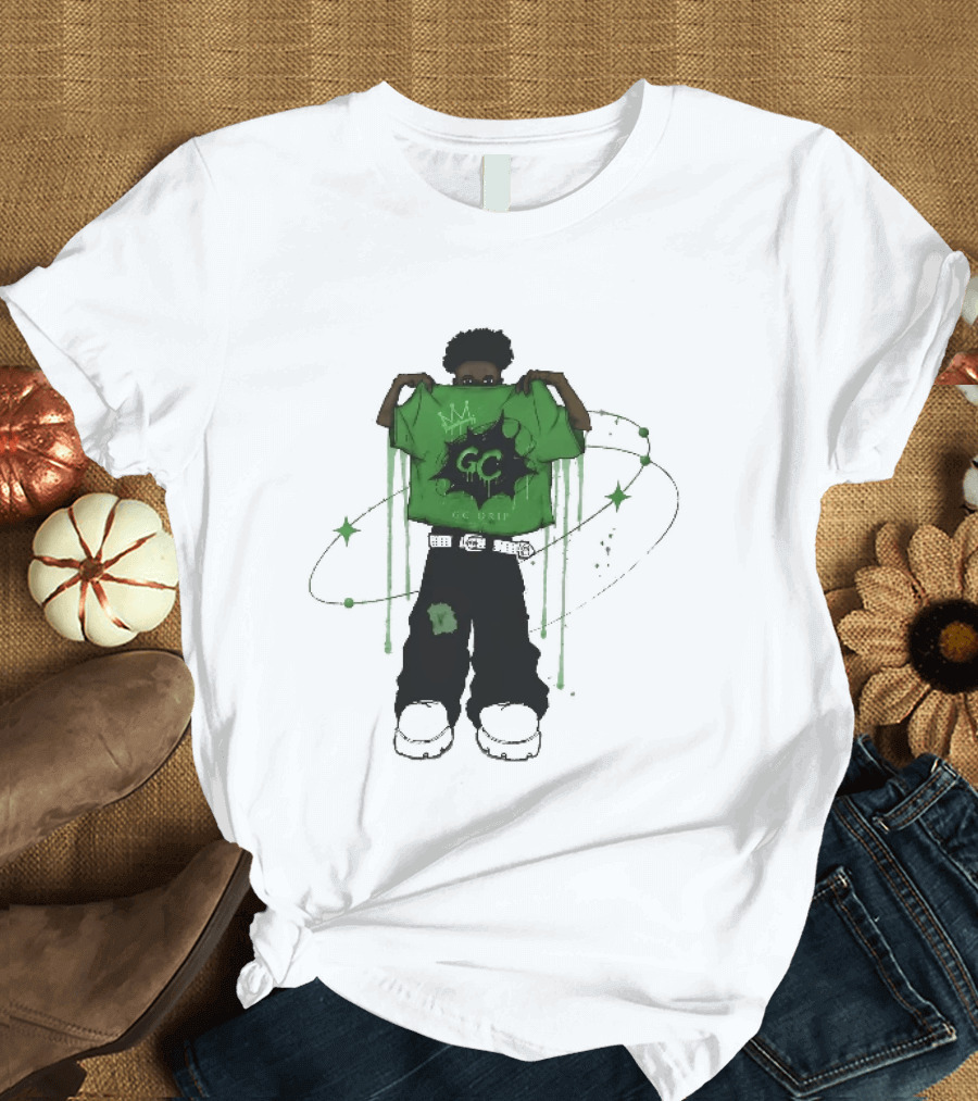Gc Drip Cartoon Character Holding Green Clothing With Crown And Stars T-Shirt