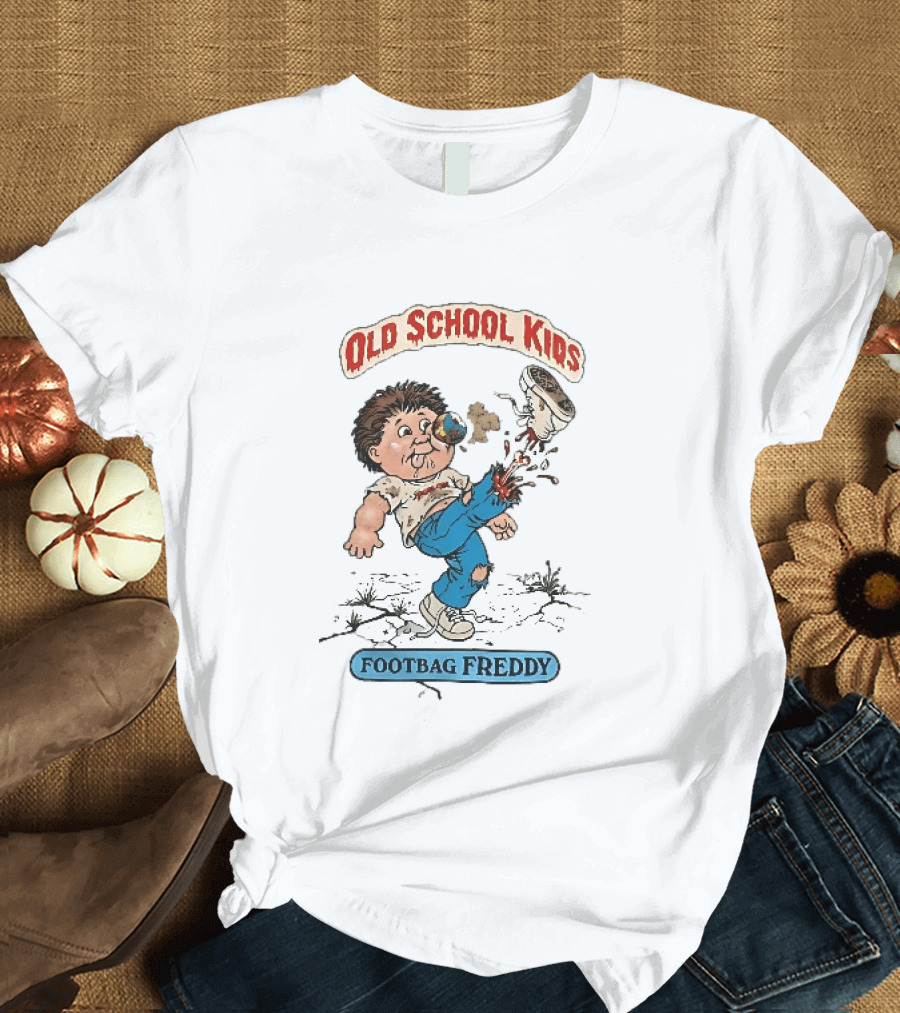 Old School Kids Footbag Freddy Cartoon Caricature Boy Kicking Shoe T-Shirt