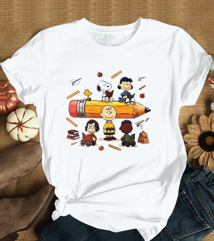 Charlie's Giant Pencil Peanuts Cartoon School Supplies Snoopy Woodstock T-Shirt