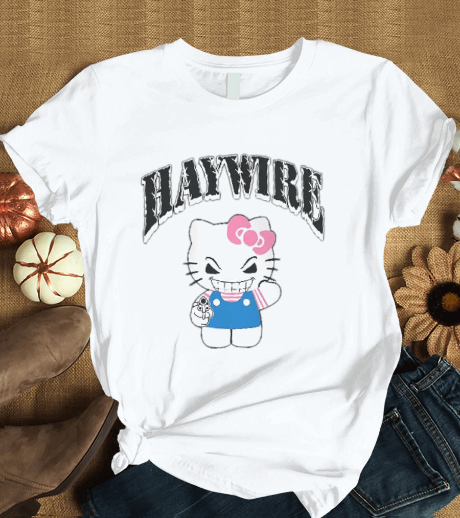 Haywire Hello Kitty Mischievous Grin Pink Bow Blue Overalls T-Shirt