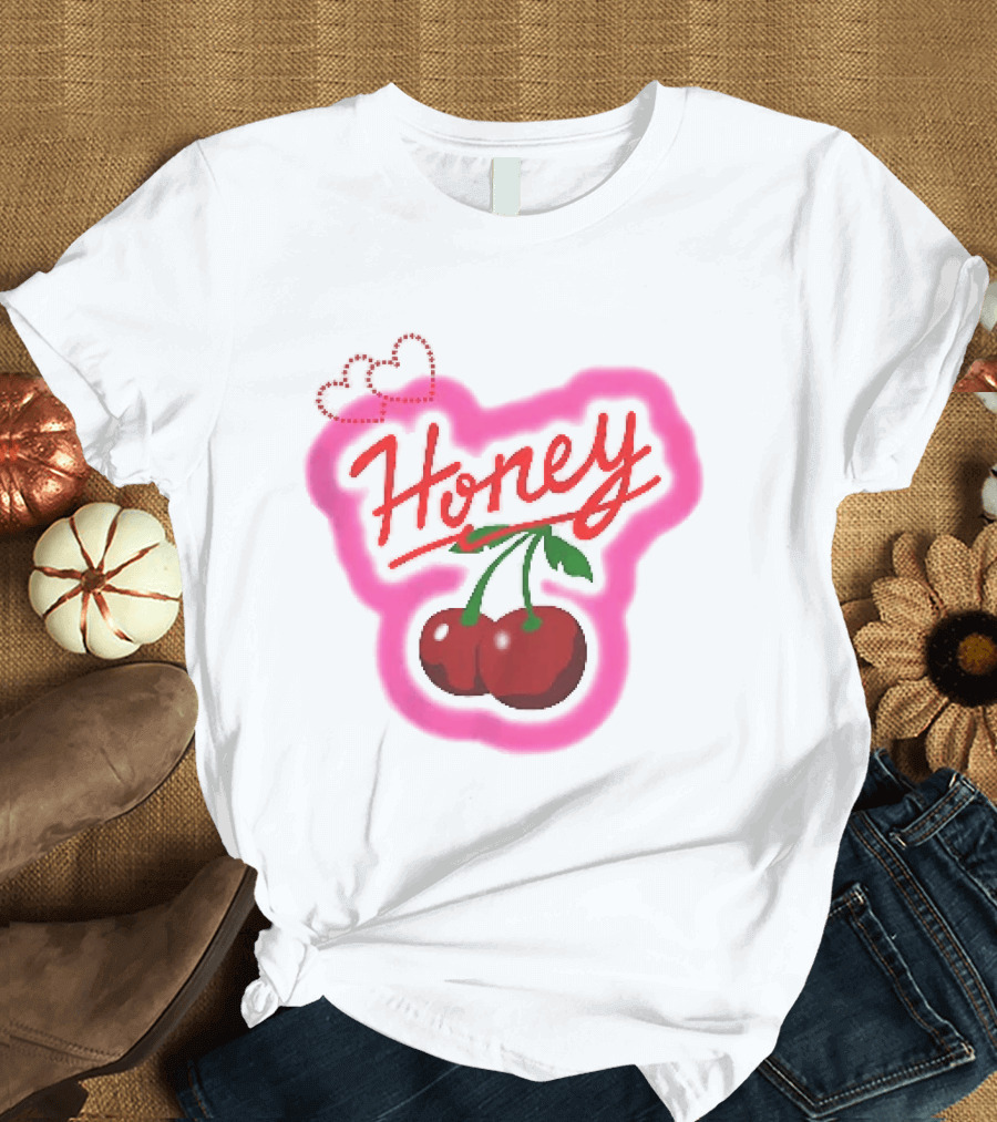 Honey Red Cherries Neon Heart T-Shirt