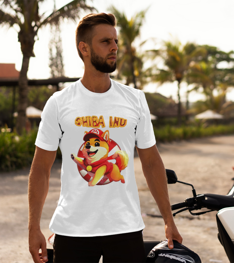 Shiba Inu Cartoon Dog Mario Red Cap Vest Running Striped T-Shirt