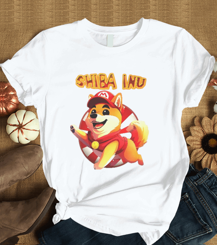 Shiba Inu Cartoon Dog Mario Red Cap Vest Running Striped T-Shirt