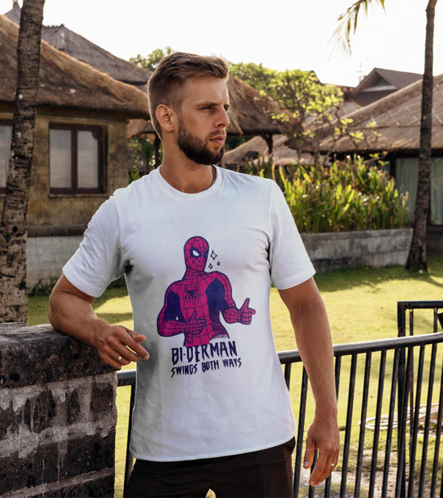 Bi Derman Swings Both Ways Superhero Spiderman T-Shirt