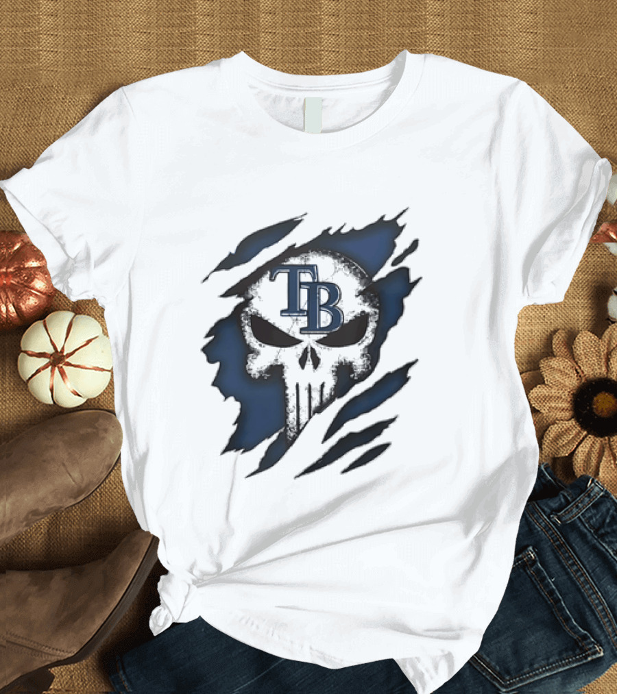 Tampa Bay Rays TB Punisher Skull Ripped Effect T-Shirt