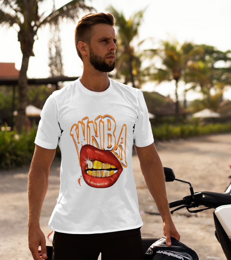 WNBA Red Lips Gold Teeth Grillz Glowing Chrome Lettering T-Shirt