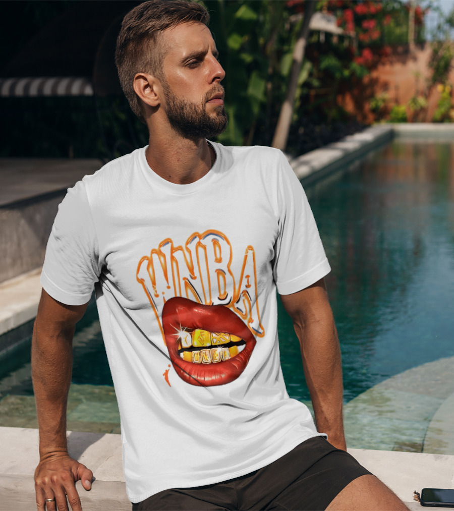 WNBA Red Lips Gold Teeth Grillz Glowing Chrome Lettering T-Shirt