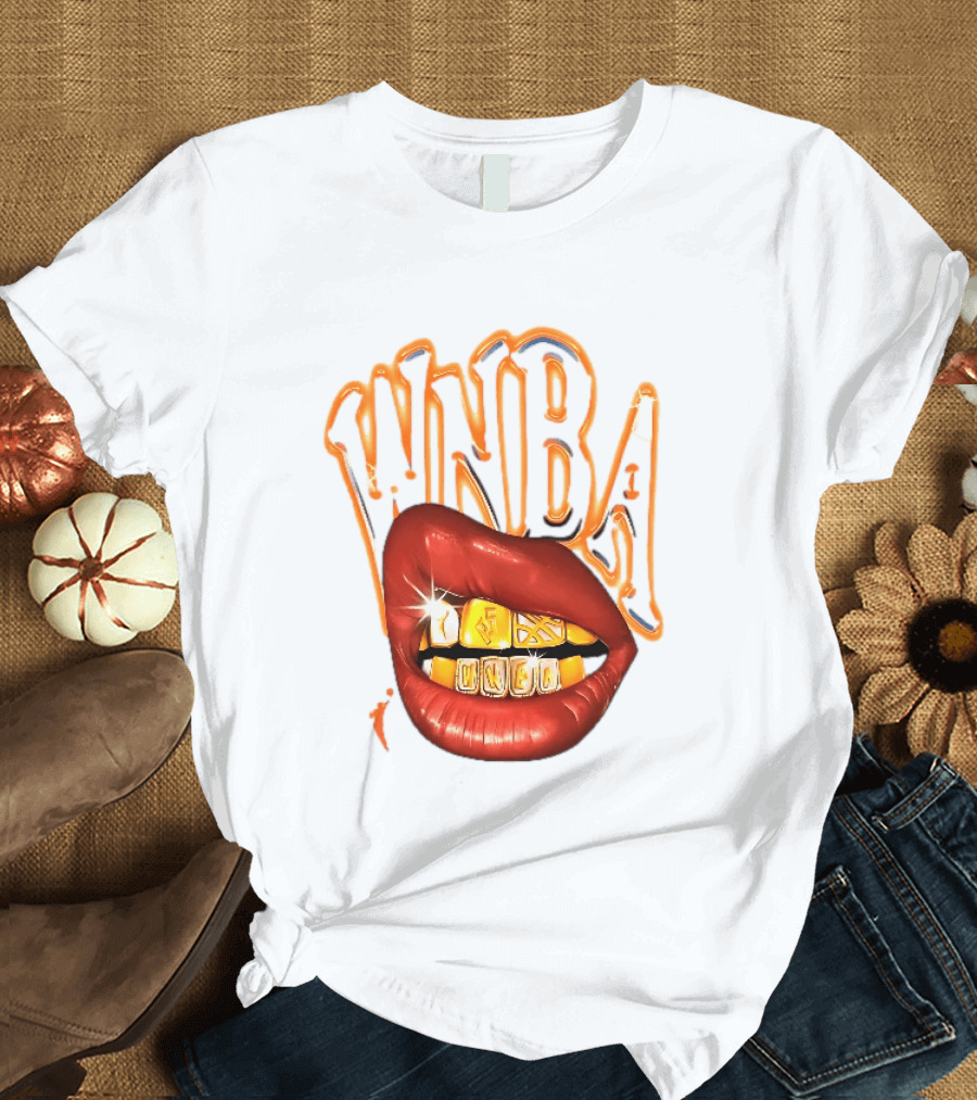 WNBA Red Lips Gold Teeth Grillz Glowing Chrome Lettering T-Shirt