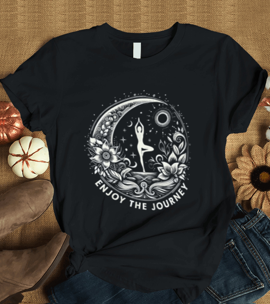 Enjoy The Journey Yoga Tree Pose Mandala Moon Sun Floral Surround T-Shirt
