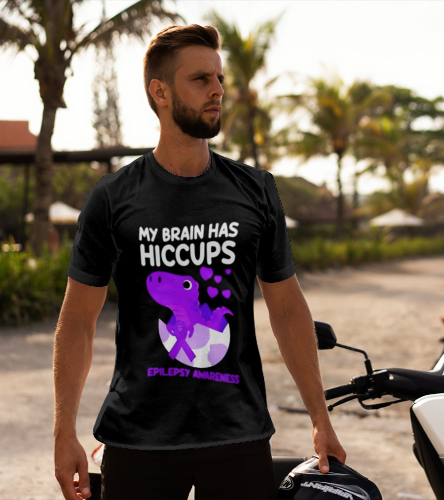My Brain Has Hiccups Epilepsy Awareness Dinosaur Purple Ribbon Eggshell Hearts T-Shirt