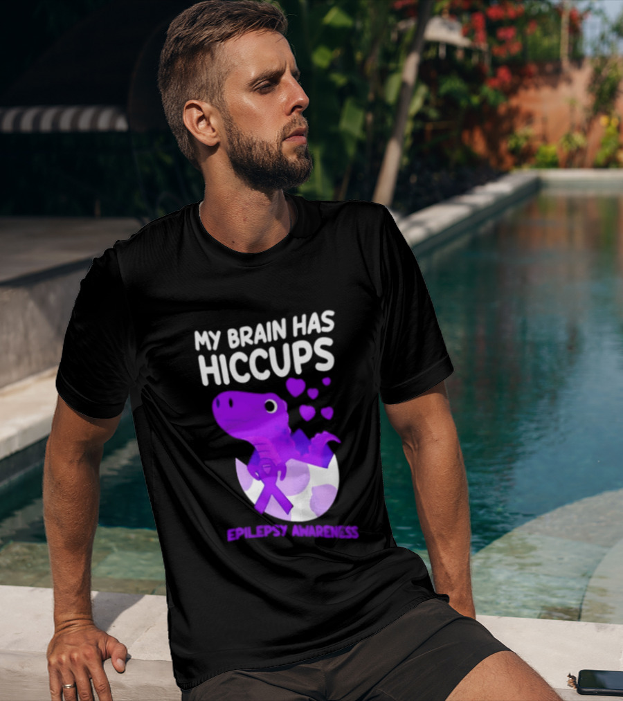 My Brain Has Hiccups Epilepsy Awareness Dinosaur Purple Ribbon Eggshell Hearts T-Shirt