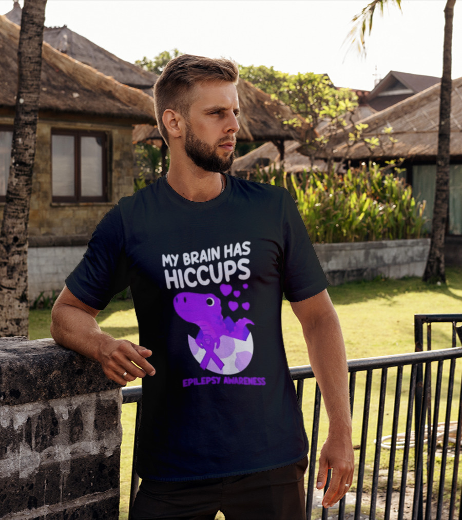My Brain Has Hiccups Epilepsy Awareness Dinosaur Purple Ribbon Eggshell Hearts T-Shirt