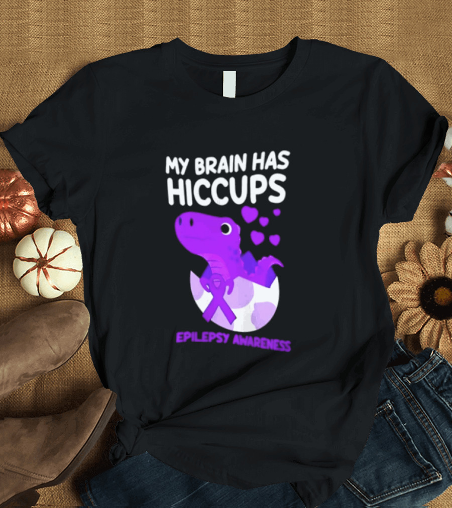 My Brain Has Hiccups Epilepsy Awareness Dinosaur Purple Ribbon Eggshell Hearts T-Shirt