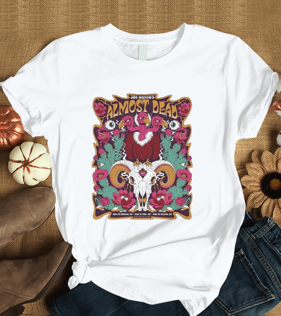 Joe Russo's Almost Dead Tour 2026 August 20 Denver August 21 Vail August 22 Dillon Vibrant Skull And Vulture Art Floral T-Shirt