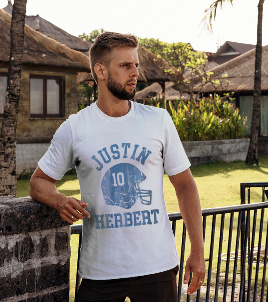 Justin Herbert Distressed Light Blue Football Helmet Number 10 T-Shirt
