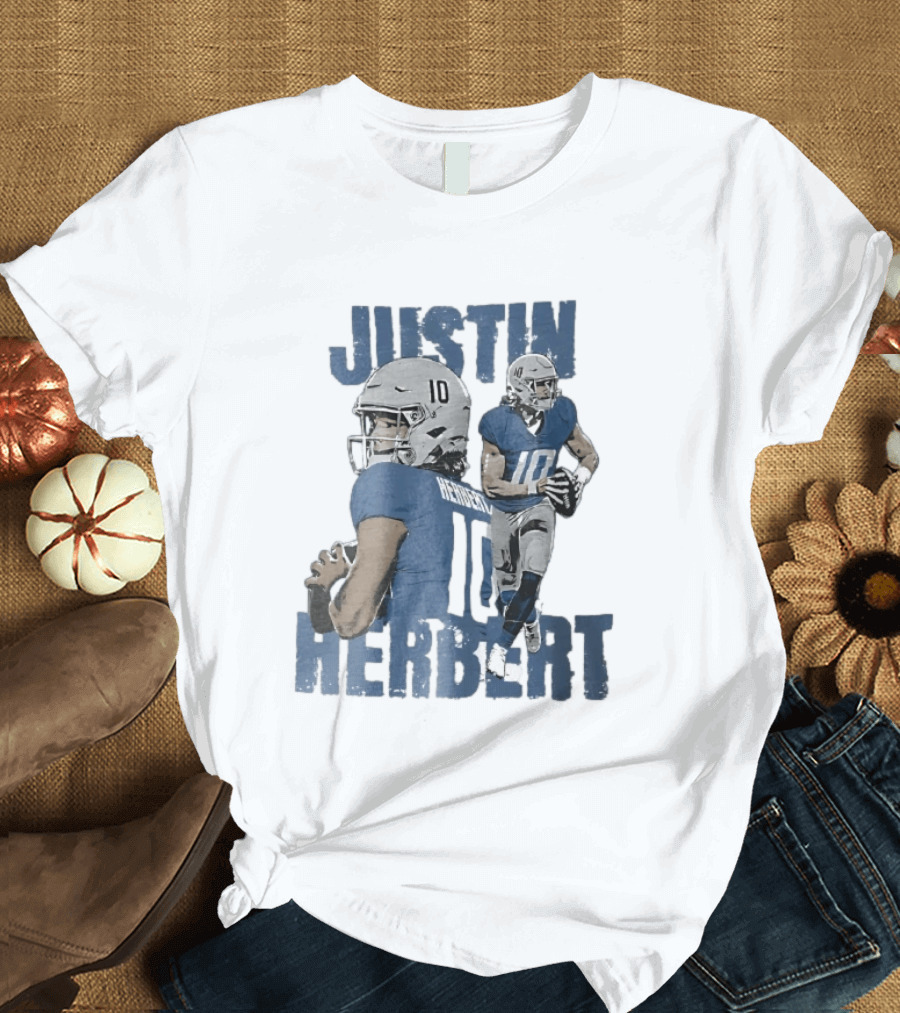 Justin Herbert Quarterback Action Photo Collage Blue Distressed T-Shirt