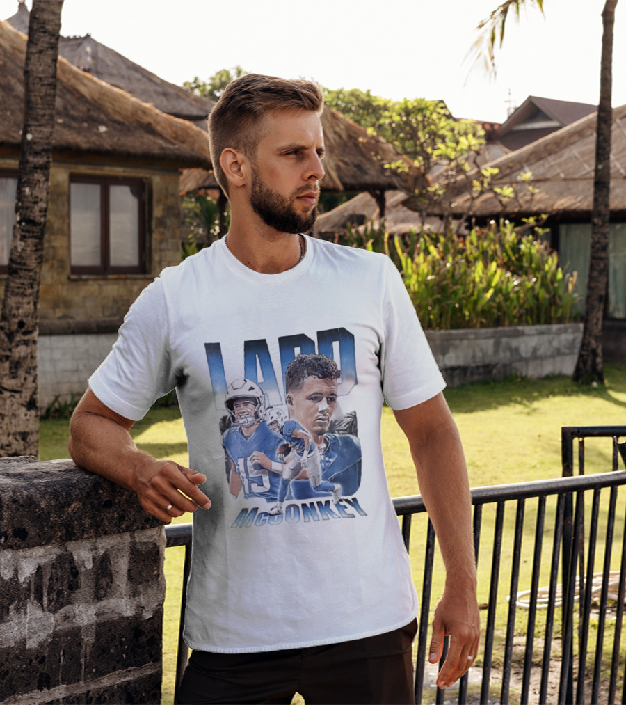 Ladd McConkey Number 15 Football Player Blue Jersey Collage T-Shirt