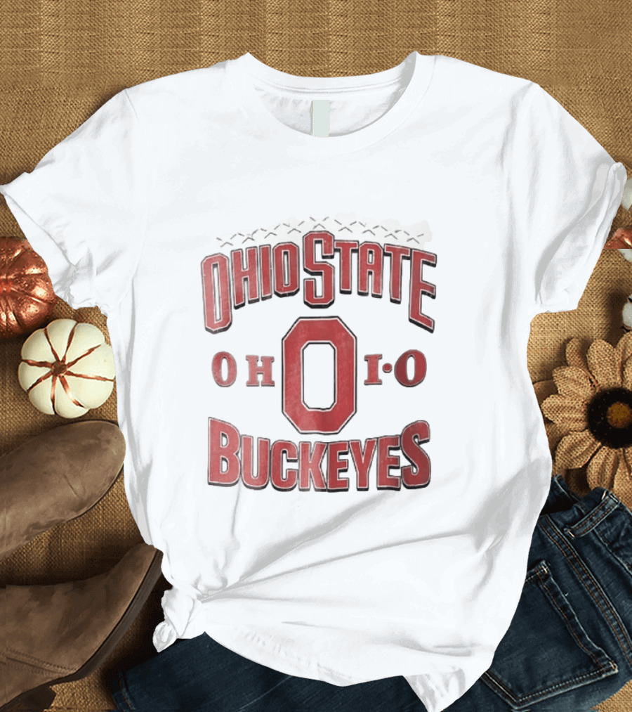 Ohio State Buckeyes NCAA Ohio Block Letter Red Football Laces Arch T-Shirt