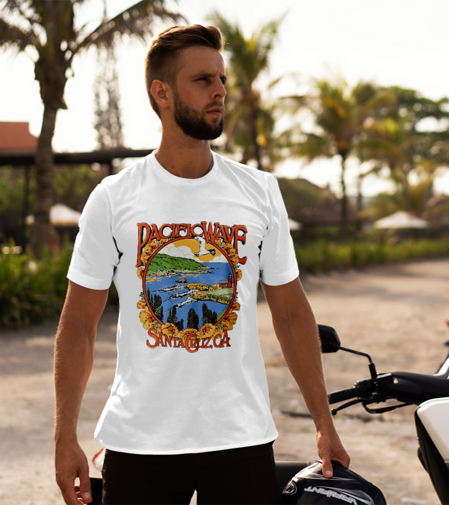 Pacific Wave Santa Cruz CA Coastal Lighthouse Ocean Seagull Flowers Scenic T-Shirt