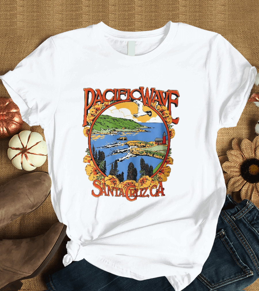 Pacific Wave Santa Cruz CA Coastal Lighthouse Ocean Seagull Flowers Scenic T-Shirt