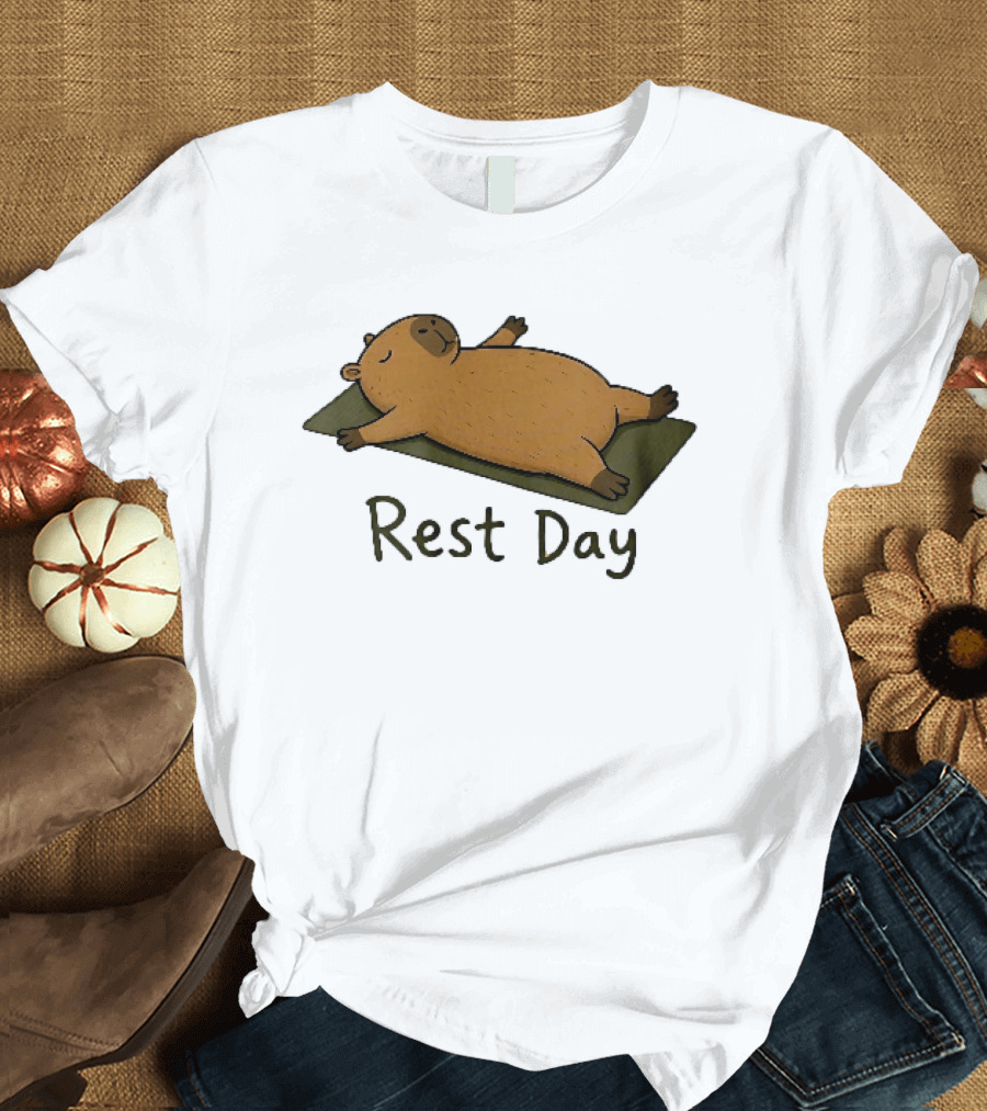 Rest Day Capybara Relaxing On Yoga Mat Cartoon T-Shirt
