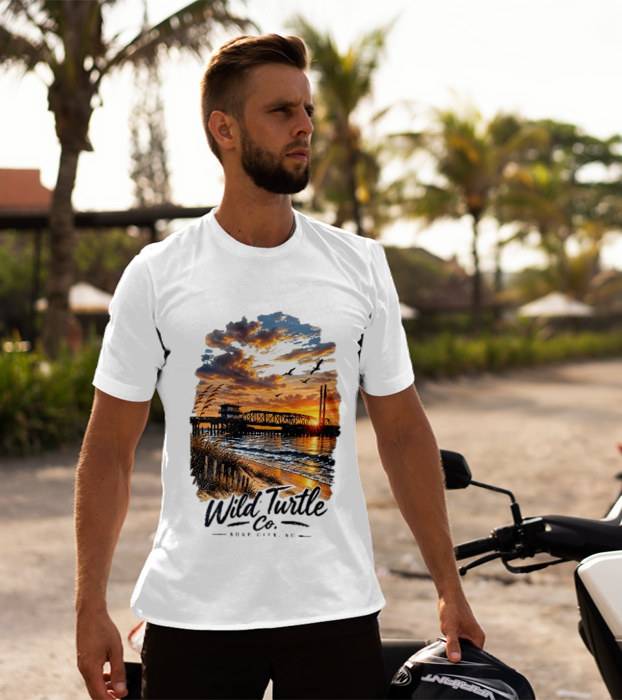 Wild Turtle Co Surf City NC Beach Dunes Pier Sunset Flying Birds T-Shirt