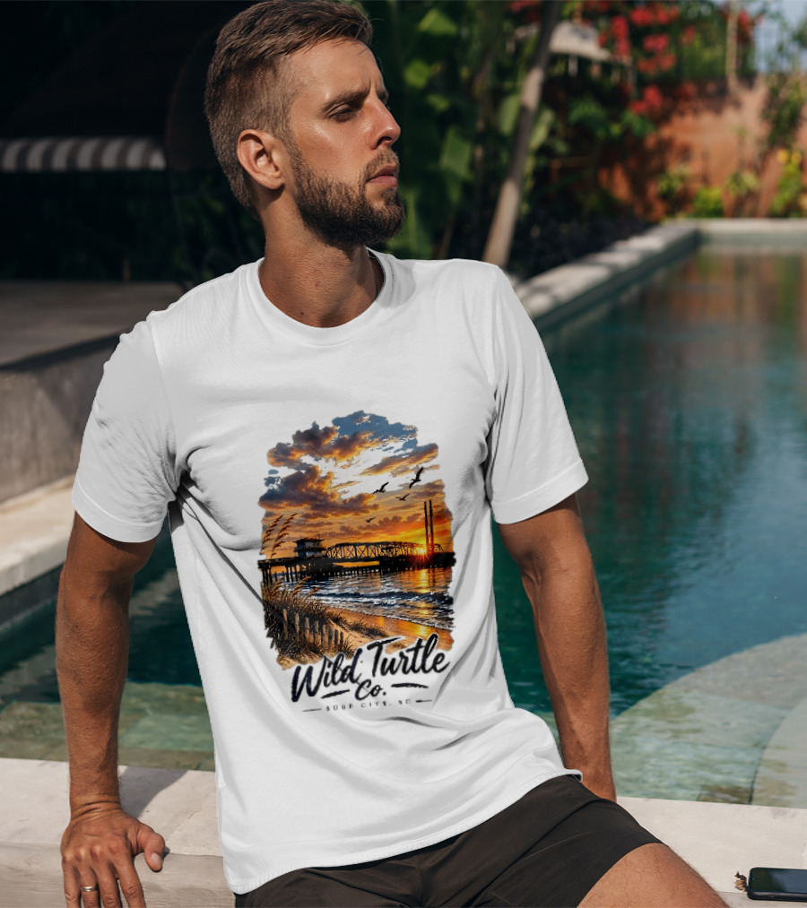 Wild Turtle Co Surf City NC Beach Dunes Pier Sunset Flying Birds T-Shirt