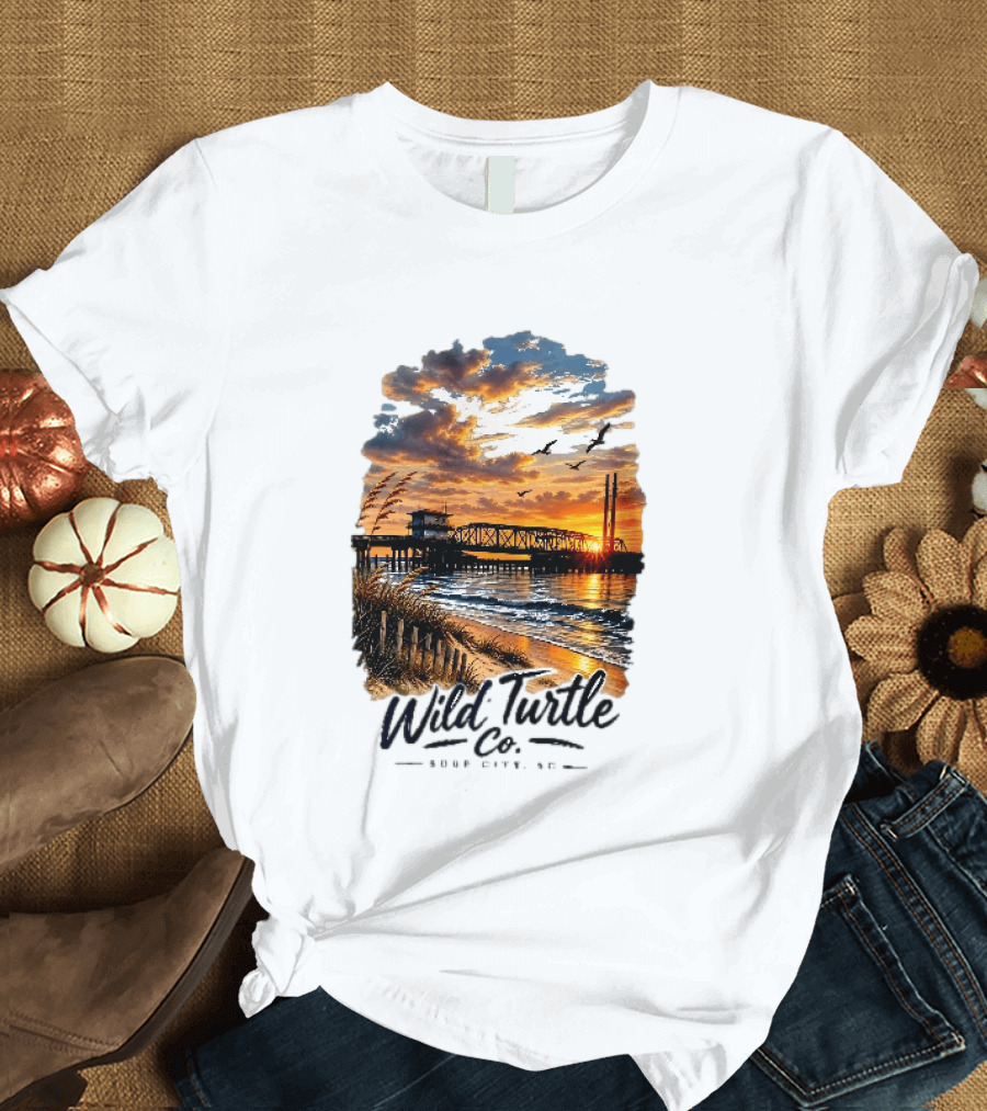 Wild Turtle Co Surf City NC Beach Dunes Pier Sunset Flying Birds T-Shirt