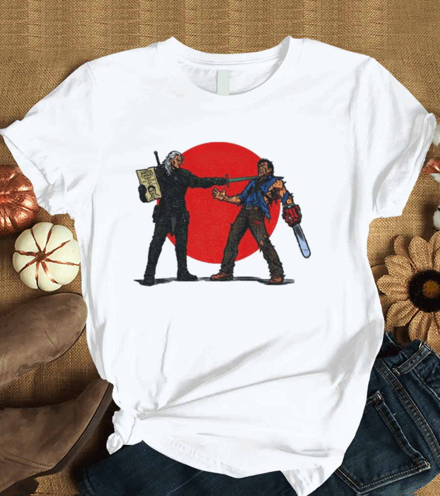 Geralt Vs Ash Evil Dead Or Alive Red Circle Showdown T-Shirt