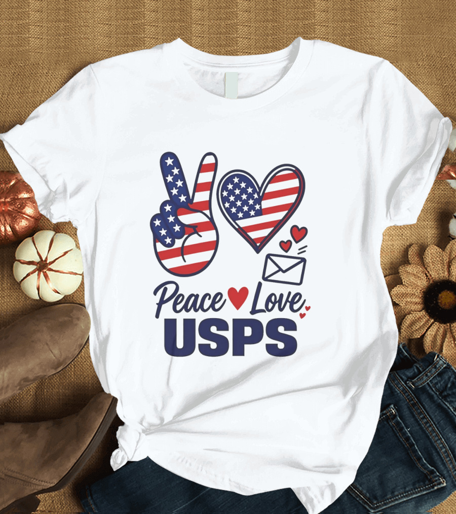 Peace Love USPS American Flag Heart And Mail T-Shirt