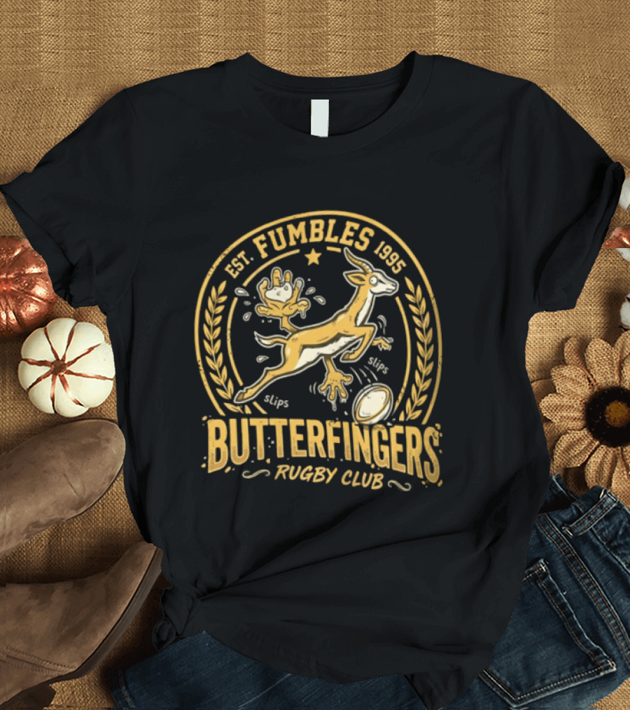 Est. Fumbles 1995 Butterfingers Rugby Club Gazelle Oval T-Shirt