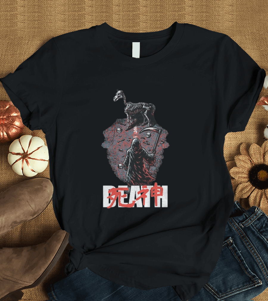 Grim Reaper Death Rider Japanese Kanji Skulls Scythe T-Shirt
