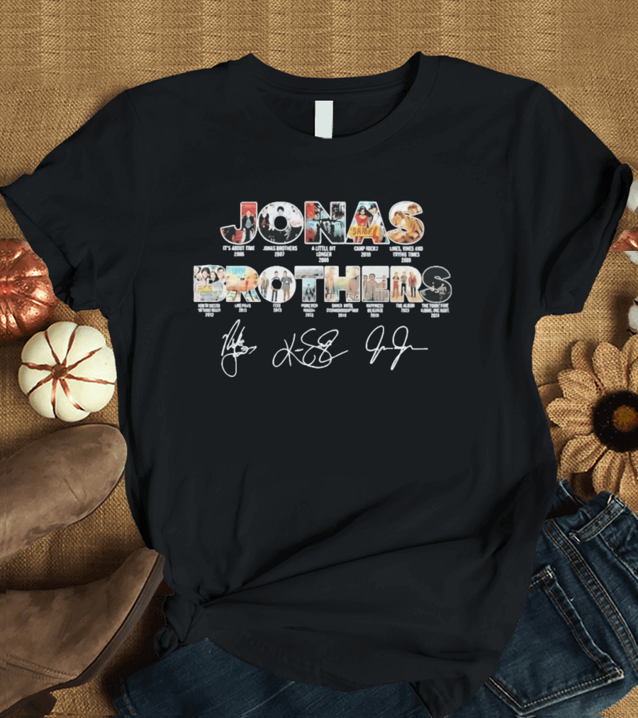 Jonas Brothers Discography Collage With Signatures And Album Releases T-Shirt