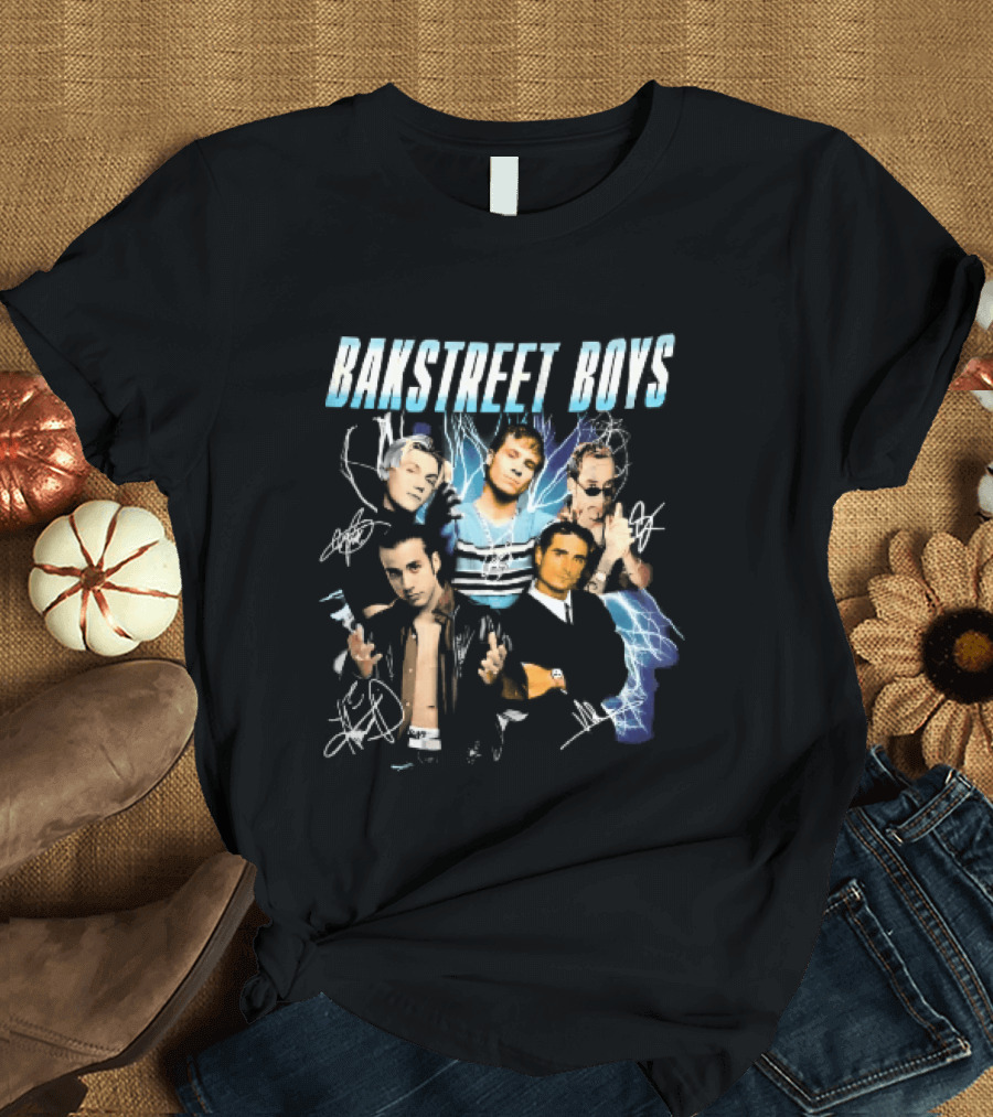 Bakstreet Boys Band Collage Lightning Autographs Bootleg T-Shirt