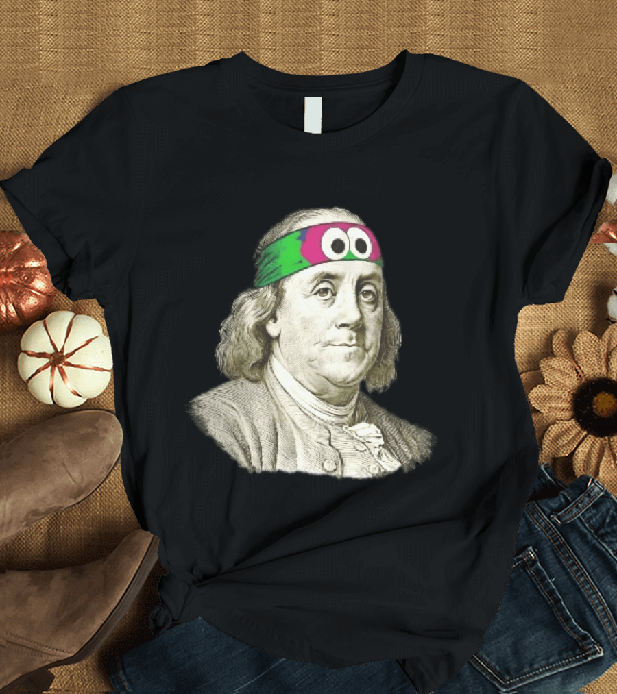 Benjamin Franklin Cartoon With Colorful Ninja Headband And Googly Eyes T-Shirt