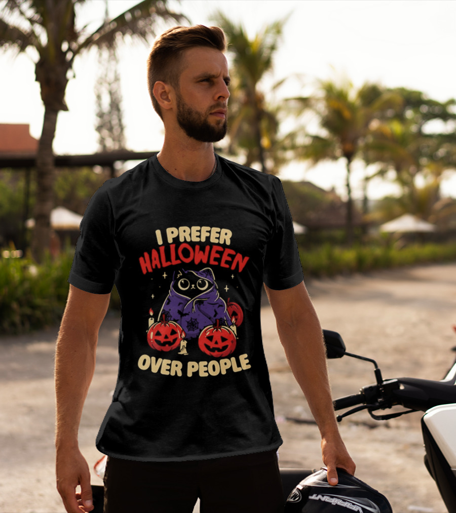 I Prefer Halloween Over People Black Cat Pumpkin Candles T-Shirt
