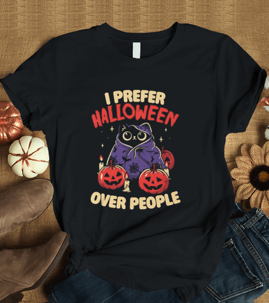 I Prefer Halloween Over People Black Cat Pumpkin Candles T-Shirt