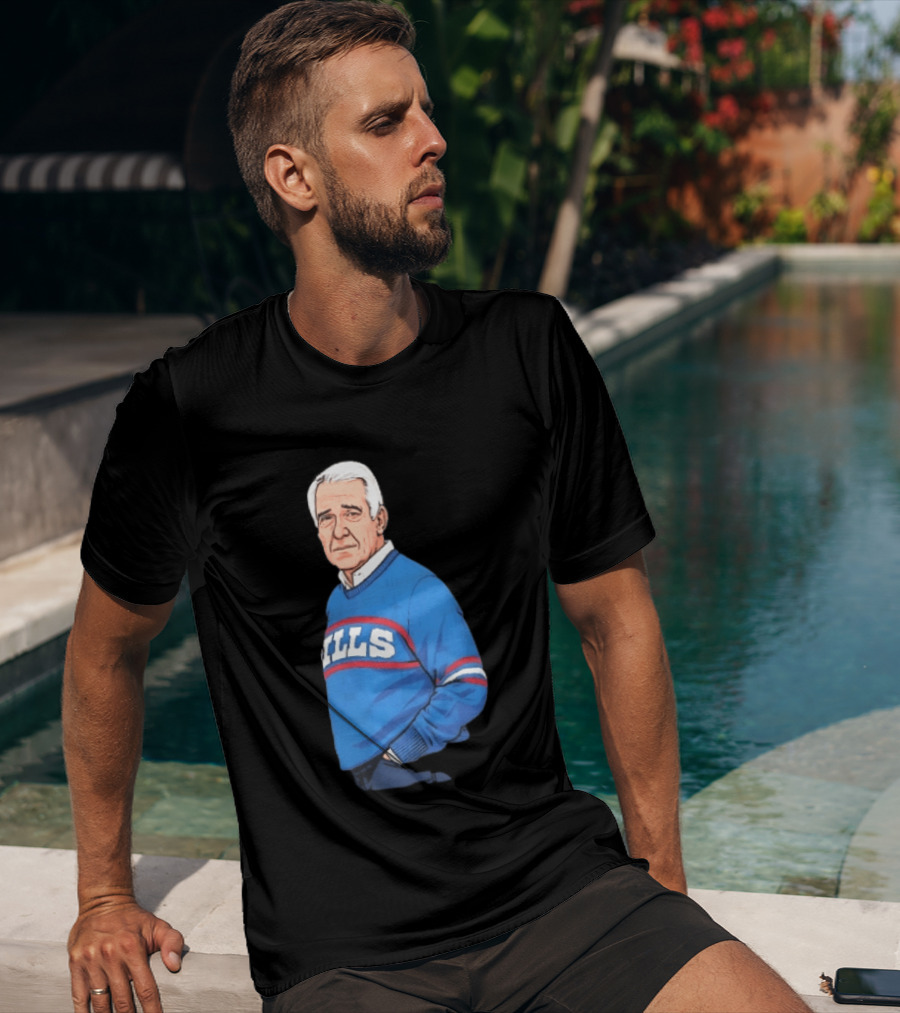 Buffalo Bills Coach Marv Levy Caricature In Blue Sweater With Team Name T-Shirt