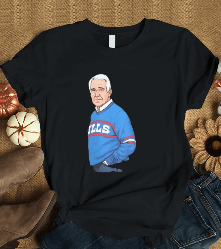 Buffalo Bills Coach Marv Levy Caricature In Blue Sweater With Team Name T-Shirt