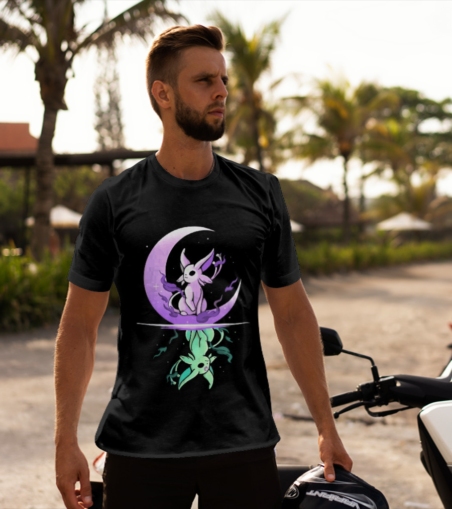 Cartoon Purple Espeon On Crescent Moon With Green Reflection T-Shirt