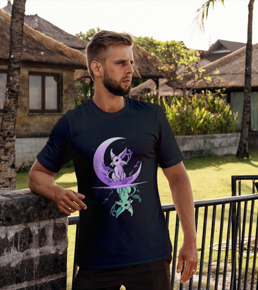 Cartoon Purple Espeon On Crescent Moon With Green Reflection T-Shirt