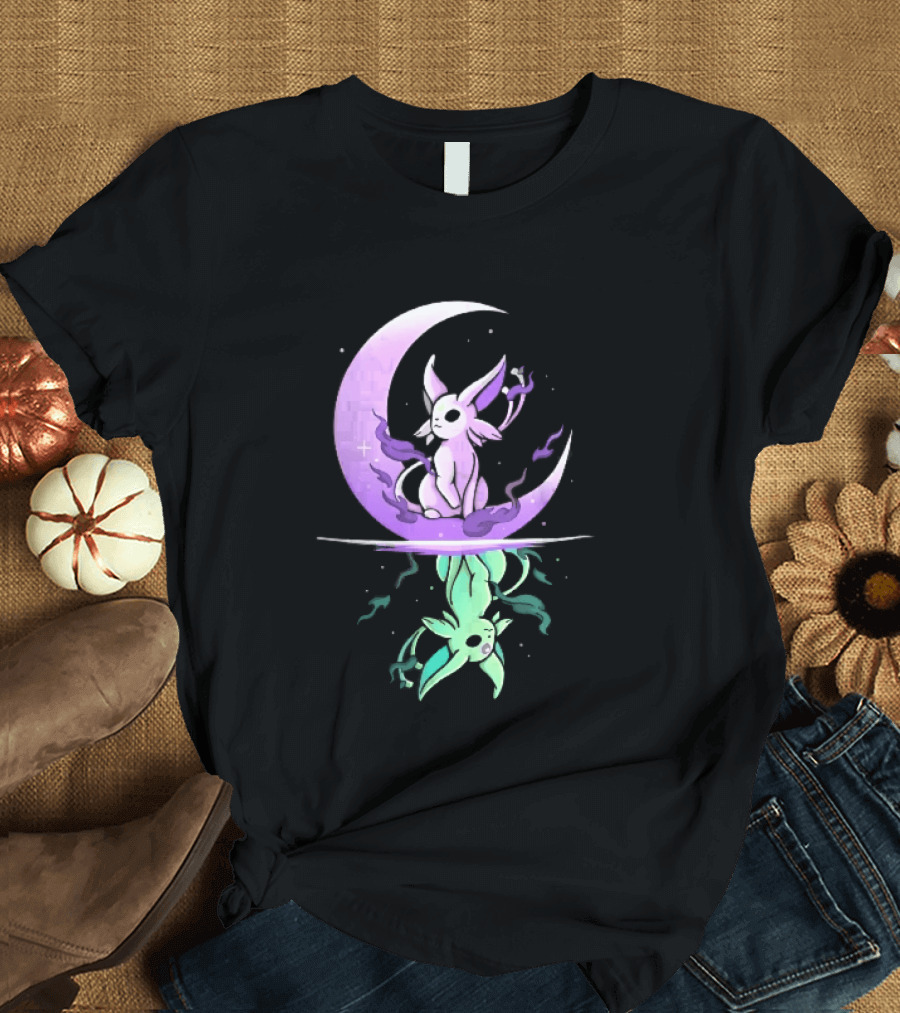 Cartoon Purple Espeon On Crescent Moon With Green Reflection T-Shirt