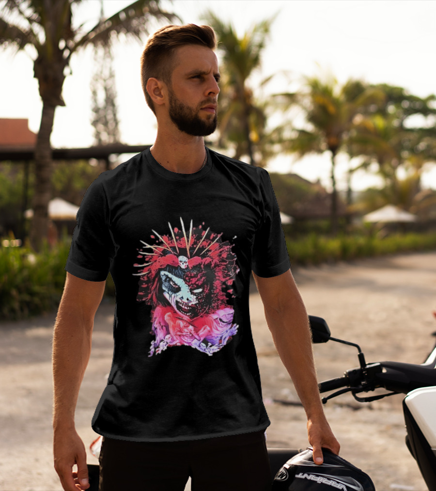 Demonic Japanese Geisha Skull Crown With Red Paint Splatter And Floral T-Shirt