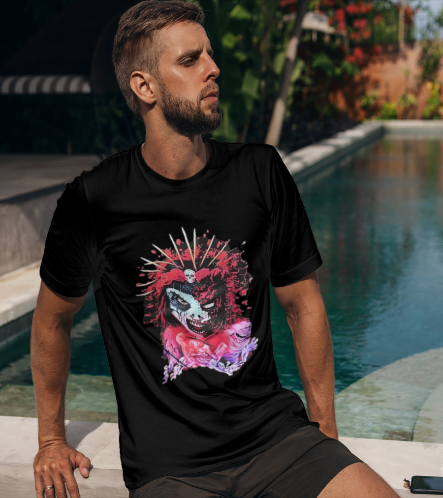 Demonic Japanese Geisha Skull Crown With Red Paint Splatter And Floral T-Shirt